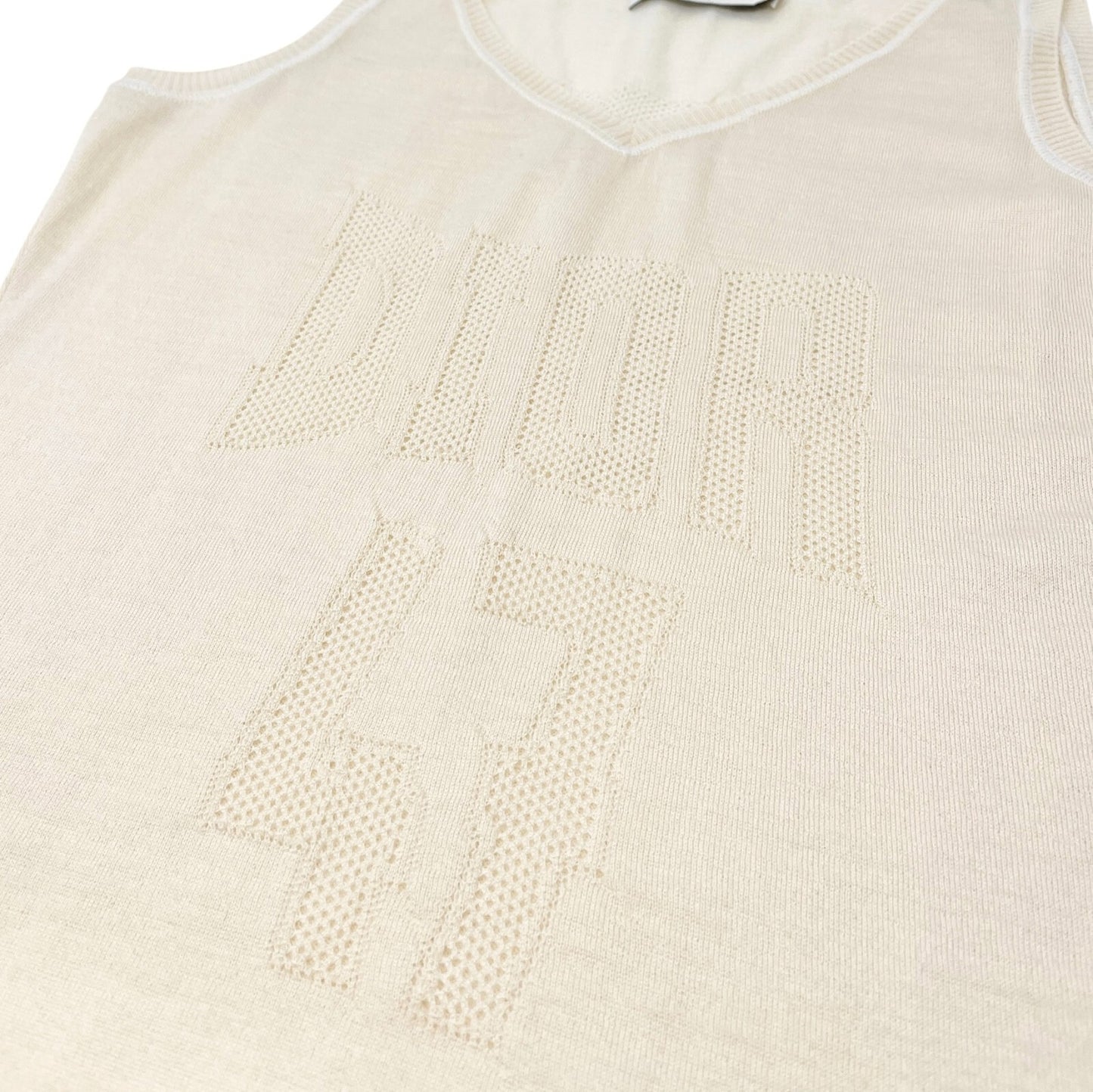 Christian Dior Vintage Logo V-neck Knit Tank Top Mesh Pullover Cream Cotton