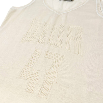 Christian Dior Vintage Logo V-neck Knit Tank Top Mesh Pullover Cream Cotton