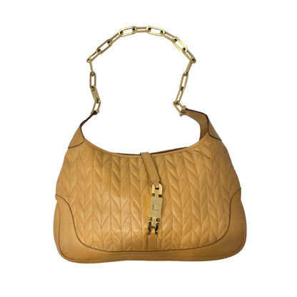 GUCCI Vintage Logo Quilted Chain Shoulder Bag Brown Gold Leather 902065