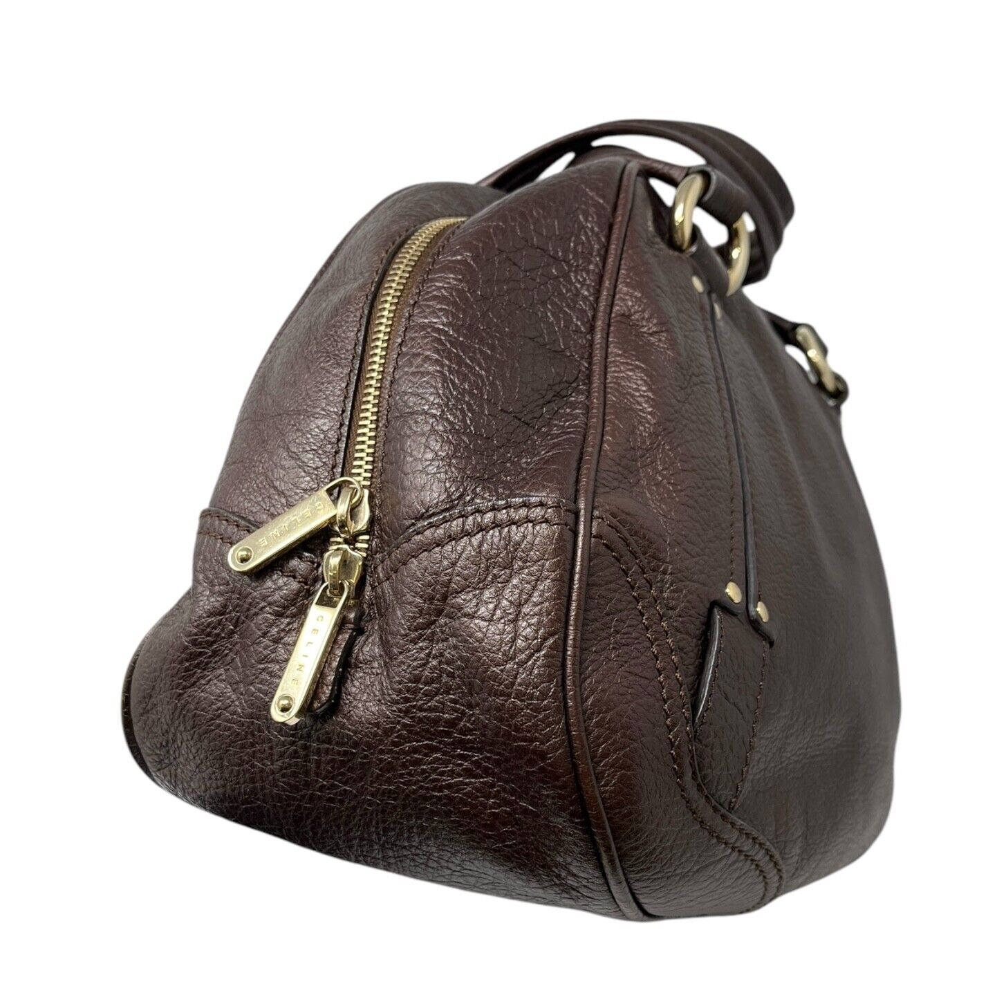 CELINE Vintage Macadam Big Logo Tote Bag Brown Gold Leather Nylon Zip