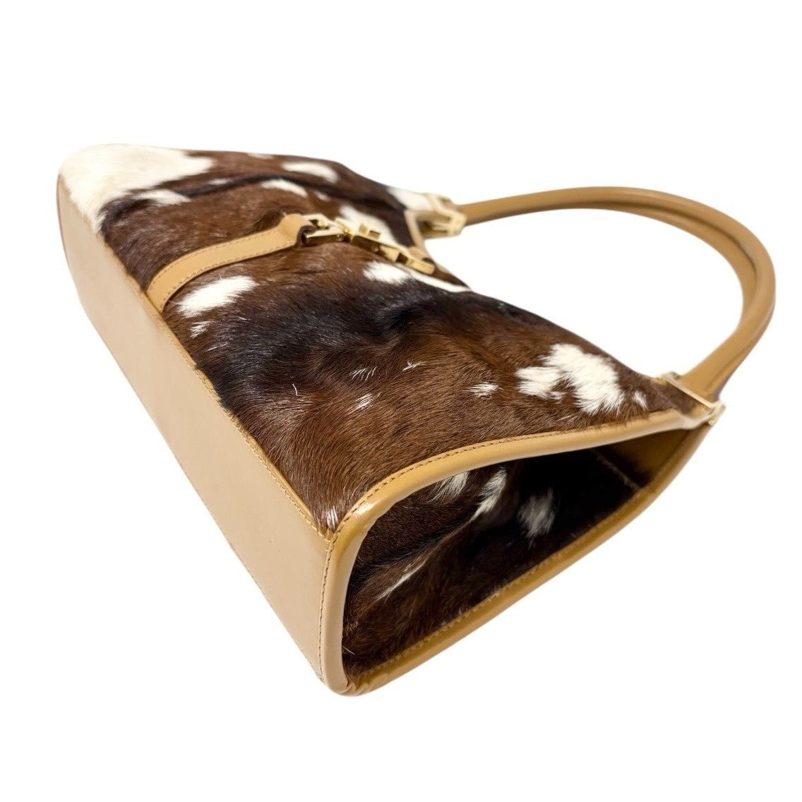 GUCCI Vintage Jackie Cow Pony Calf Hair Shoulder Bag Brown Gold Leather