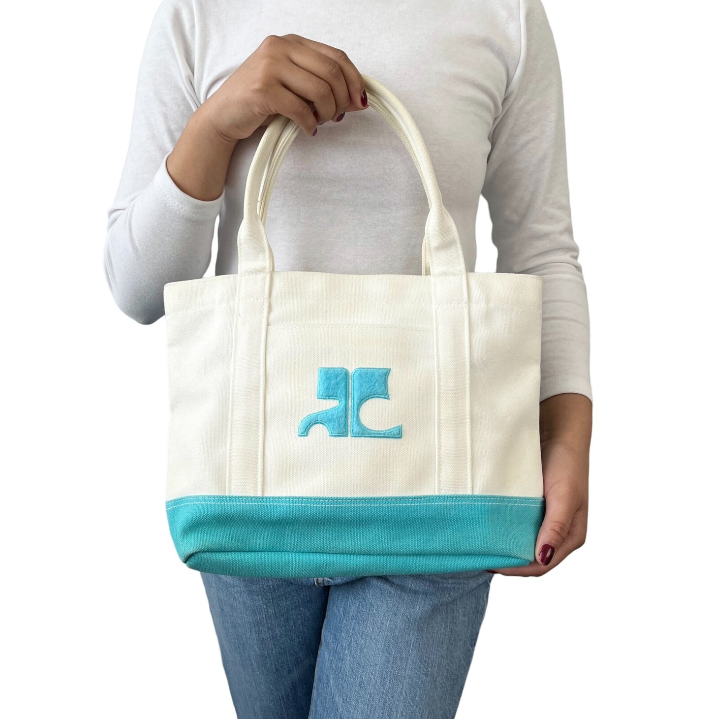Courreges Vintage Logo Tote Bag Pocket Zip White Light Blue Cotton Rank AB