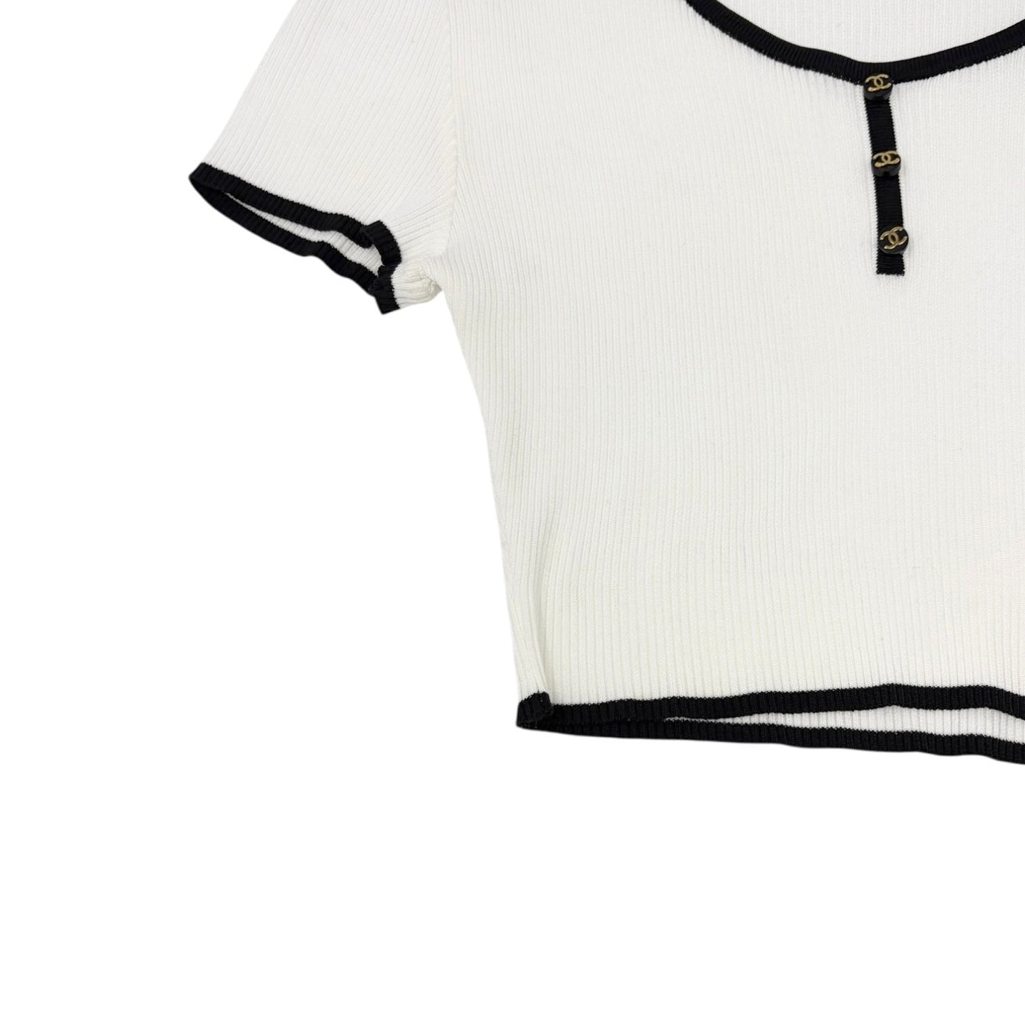 CHANEL Vintage 95P CC Logo Button Knit Cropped Ribbed T-shirt #42 White Cotton