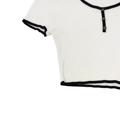 CHANEL Vintage 95P CC Logo Button Knit Cropped Ribbed T-shirt #42 White Cotton