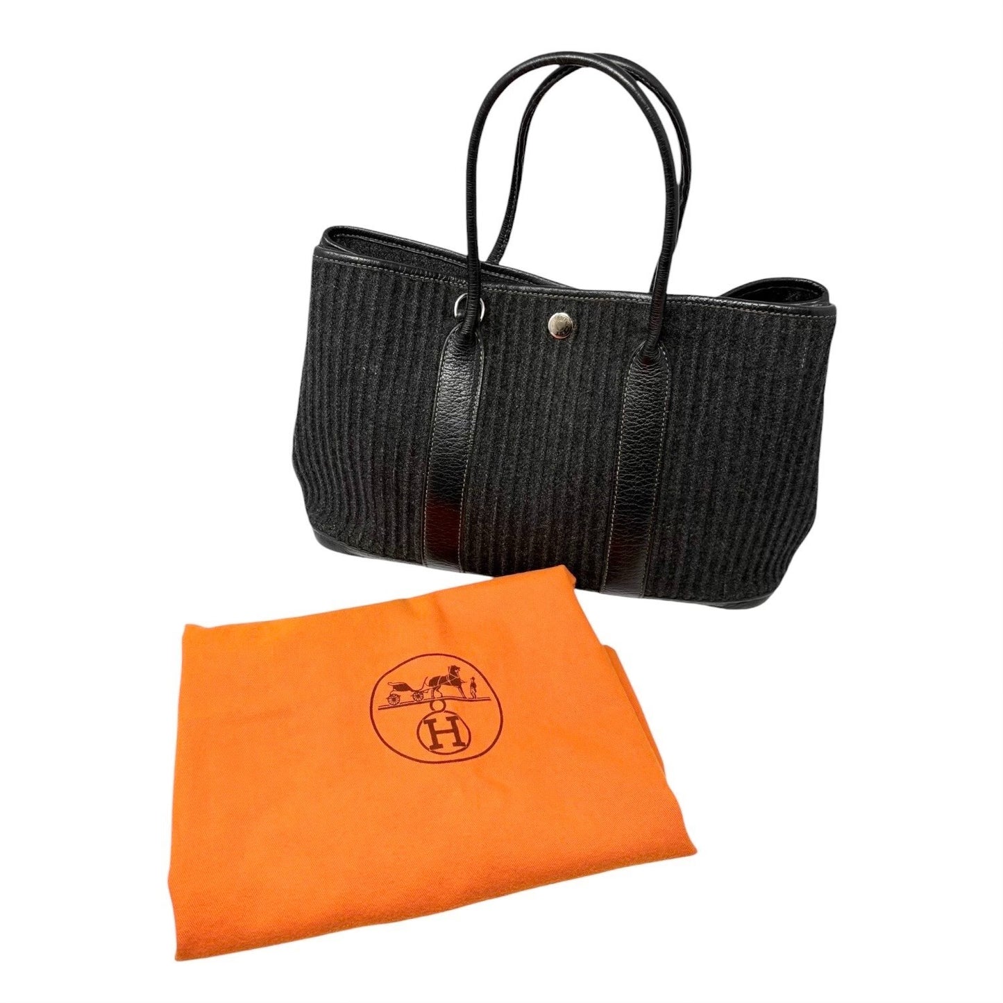 HERMES Vintage Ribbed Wool Garden Party 30 PM 2way Bag Black Silver Leather