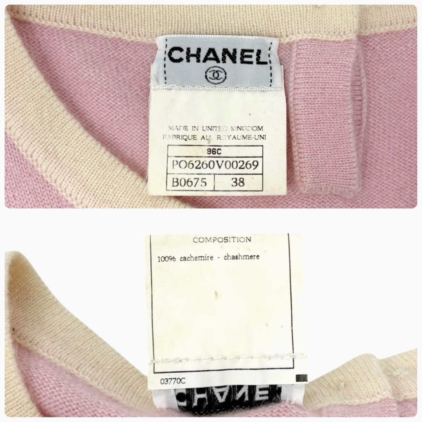 CHANEL Vintage 96C CC Logo Button Cashmere Knit Tank Top #38 Pink Cream