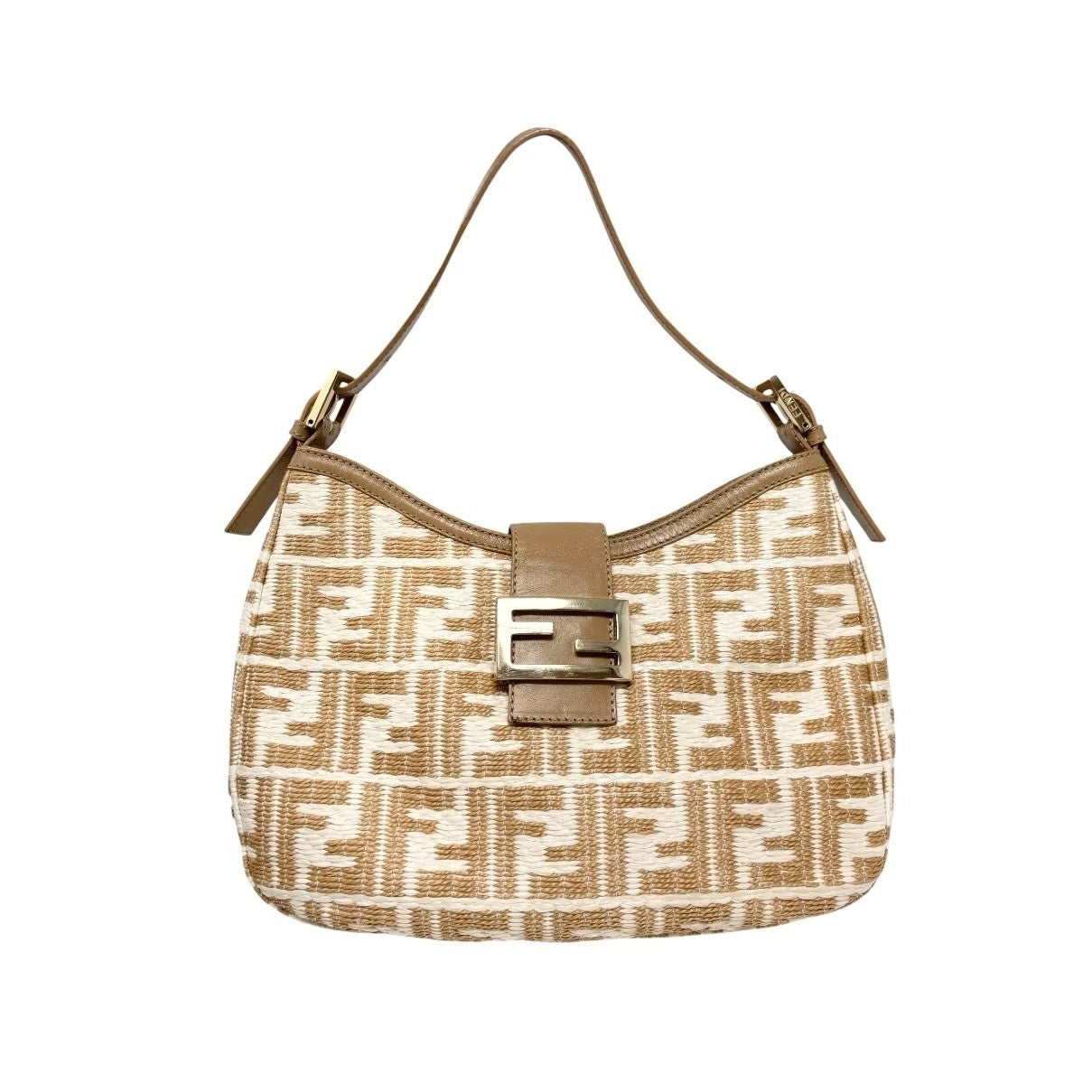 FENDI Vintage FF Logo Zucca Raffia Hobo Shoulder Bag Beige White Leather