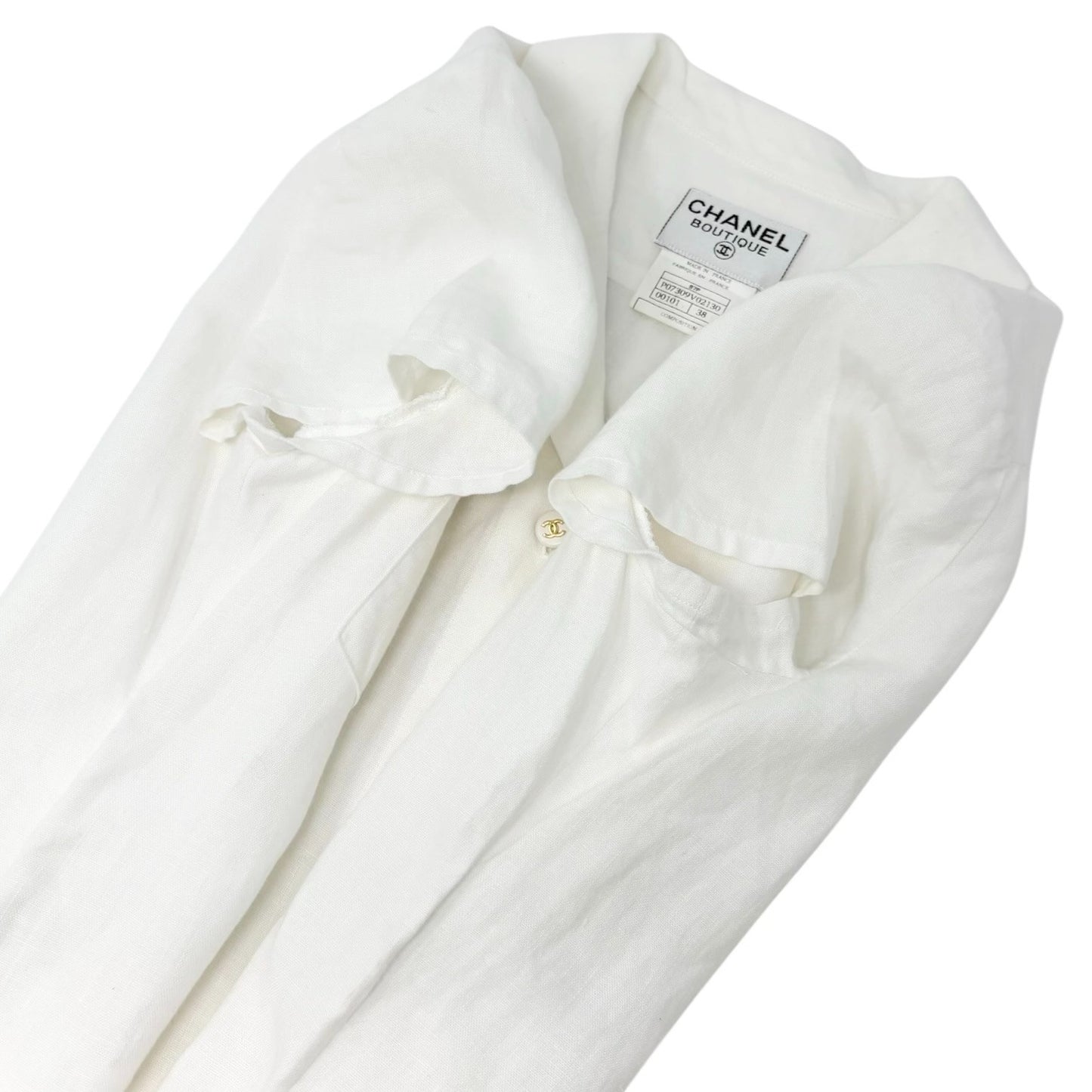 CHANEL Vintage 97P CC Logo Button Linen Shirt Dress One-piece #38 White