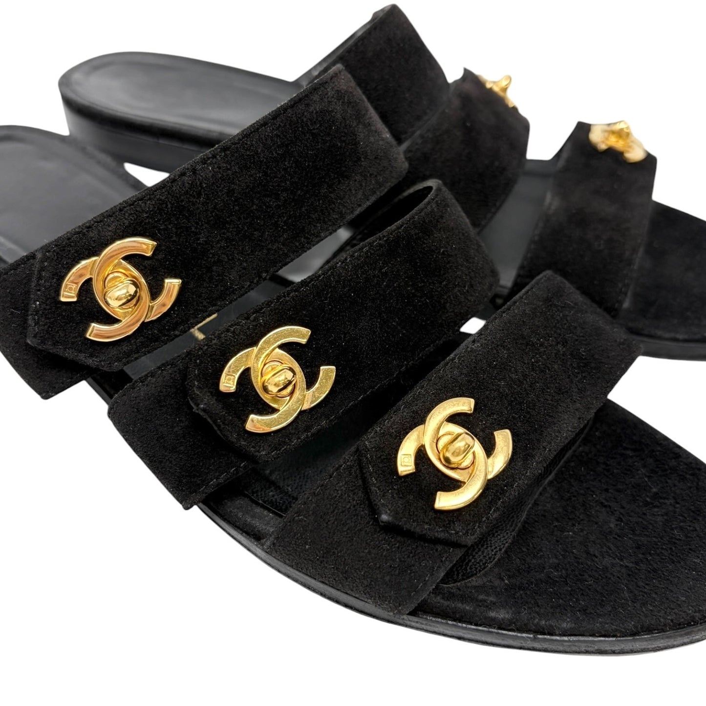 CHANEL Vintage CC Turnlock Flat Slide Sandals #37 Black Gold  Suede 902296