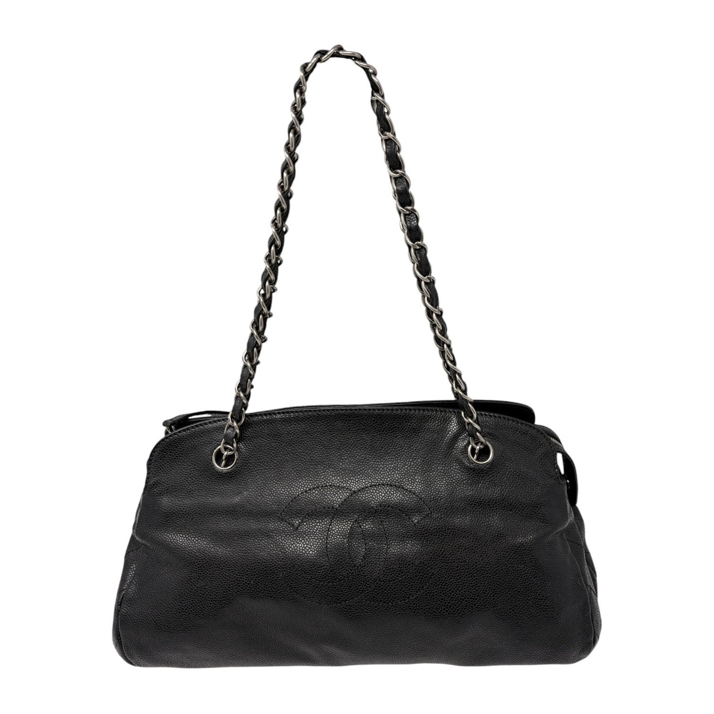 CHANEL Vintage CC Logo Stitch Chain Shoulder Bag Black Silver Leather 902203