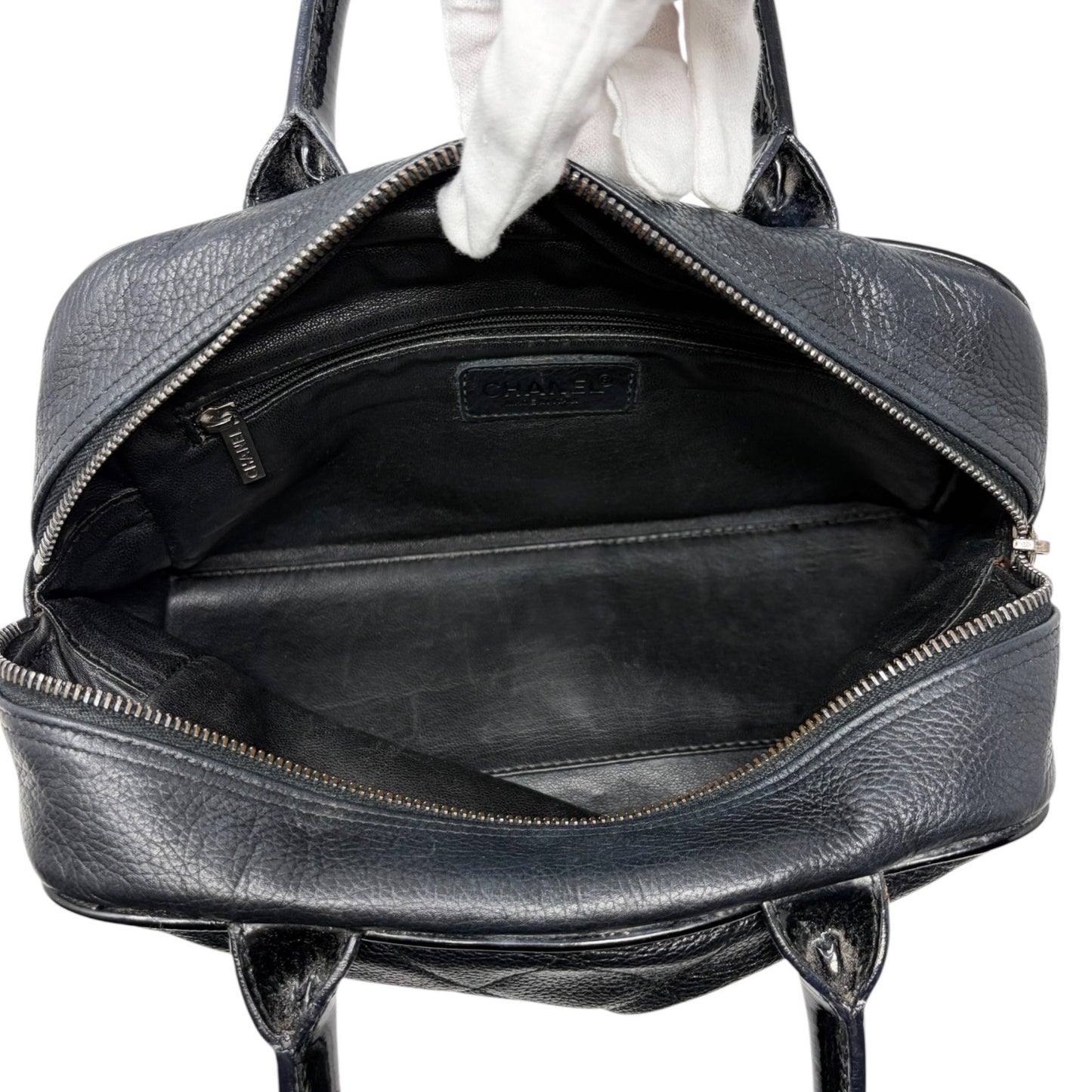 CHANEL Vintage CC Big Logo Quilted Leather Mini Bowling Boston Bag Black Silver