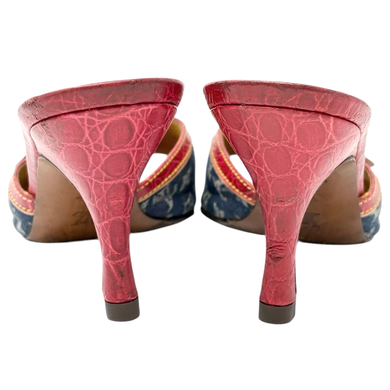 LOUIS VUITTON Vintage Monogram Denim Mule Sandals Heels #39 Blue Red Leather