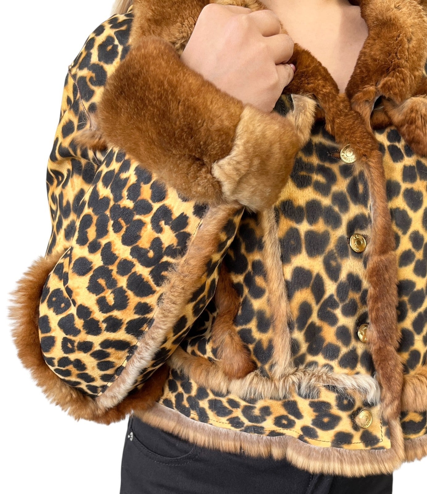 Christian Dior Vintage Leopard Shearling Fur Jacket Top #40 Brown Leather