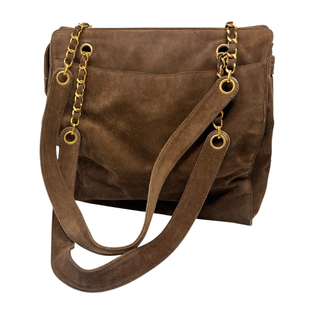 CHANEL Vintage Stitch CC Logo Suede Chain Tote Shoulder Bag Brown 902376