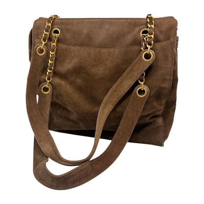 CHANEL Vintage Stitch CC Logo Suede Chain Tote Shoulder Bag Brown 902376