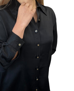 CHANEL Vintage CC Logo Silk Shirt Top Blouse Gold Button Black Silk Long Sleeve