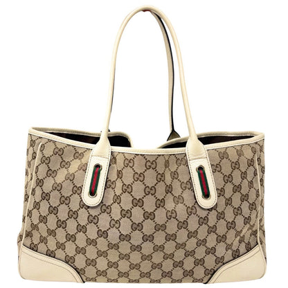 GUCCI Vintage GG Monogram Web Stripe Ribbon Tote Shoulder Bag Beige 902324