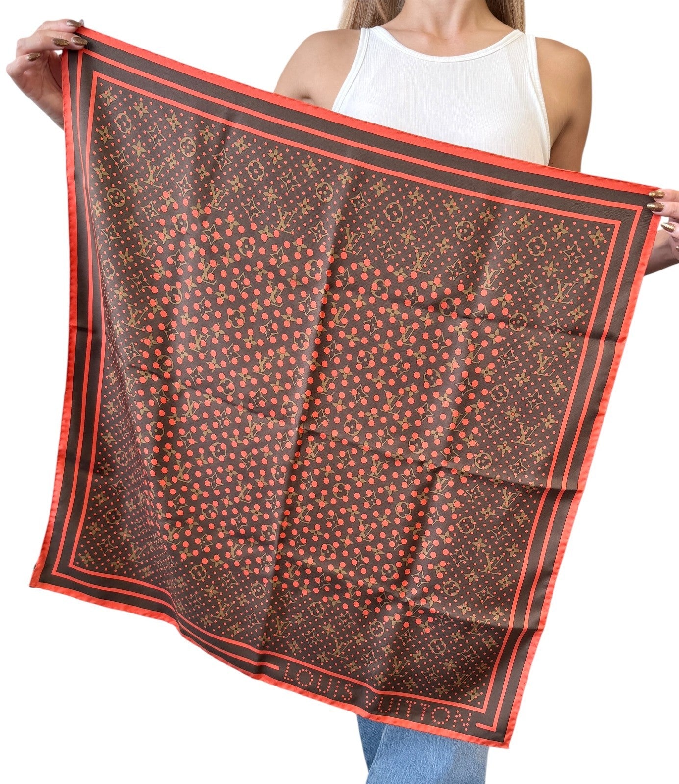 LOUIS VUITTON Vintage LV Logo Monogram Perfo Scarf Wrap Dot Brown Orange Silk