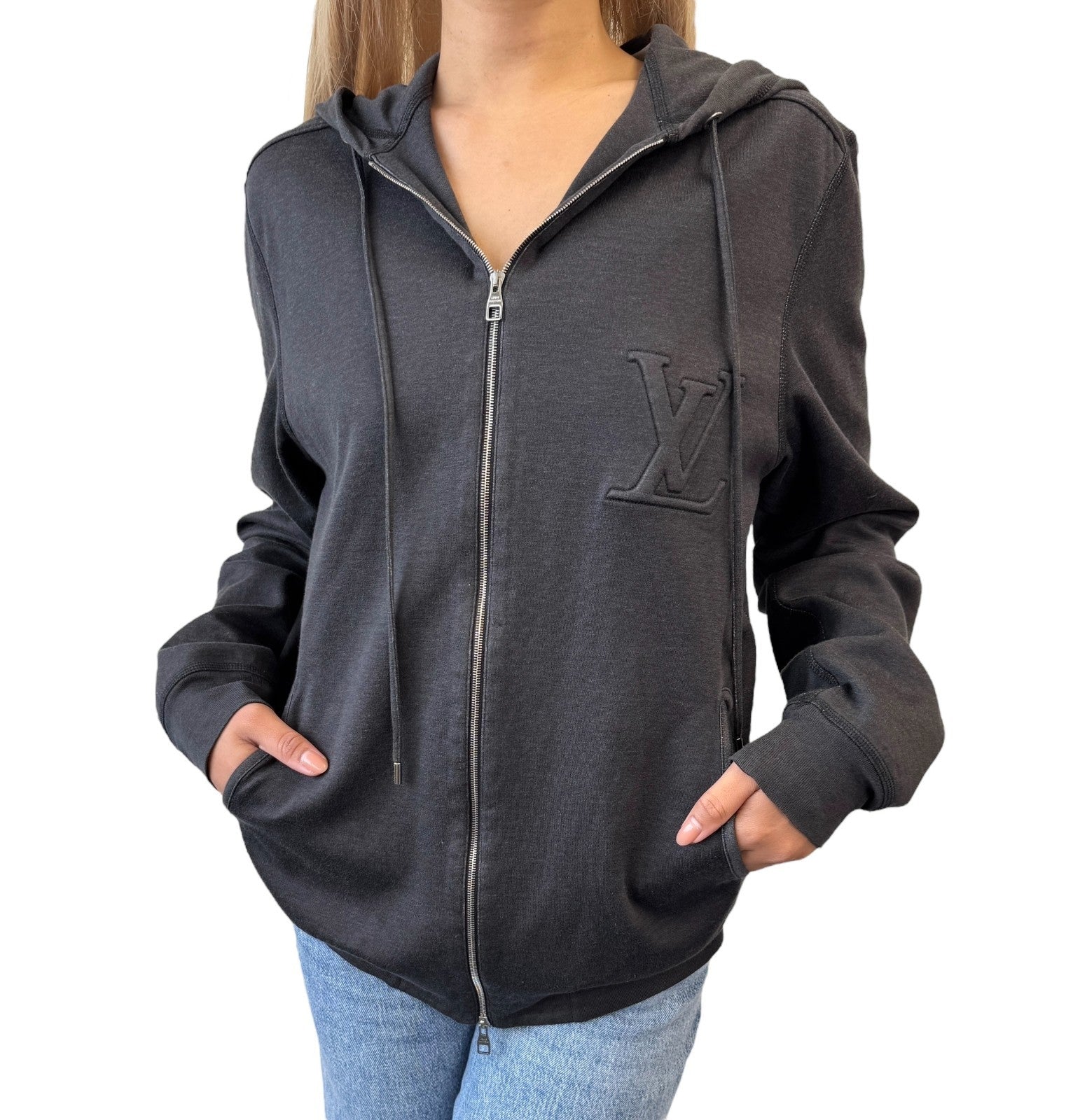 LOUIS VUITTON Vintage LV Logo Full Zip Up Hoodie Jacket Top #S Black Gray Cotton