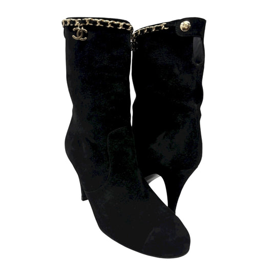 CHANEL Vintage CC Logo Charm Button Ankle Suede Boots Heels #39 Black Gold
