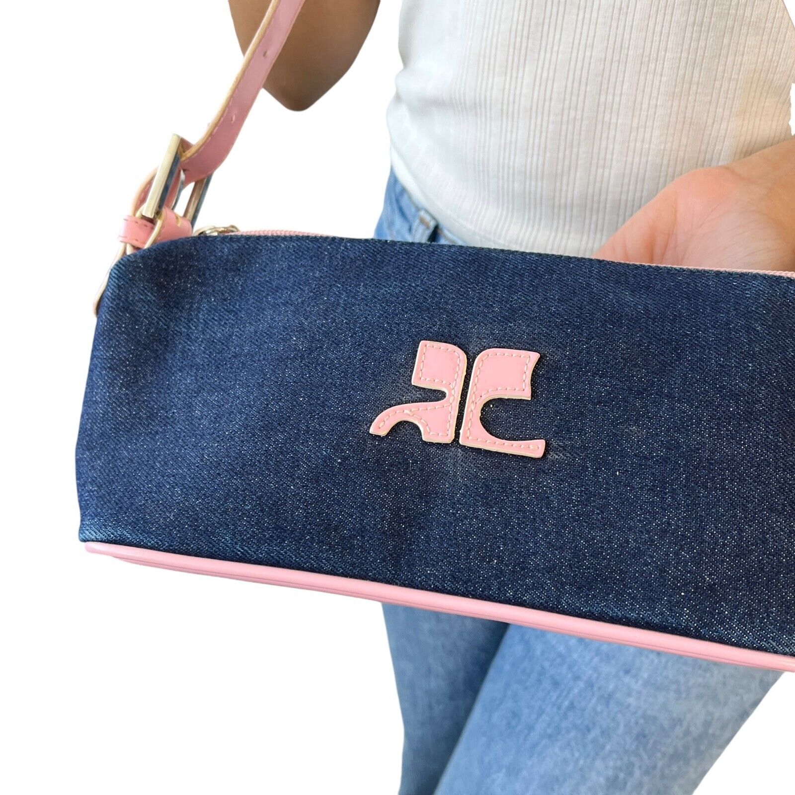 Courreges Vintage Logo Denim Shoulder Bag Pouch Blue Pink Zip Rank AB