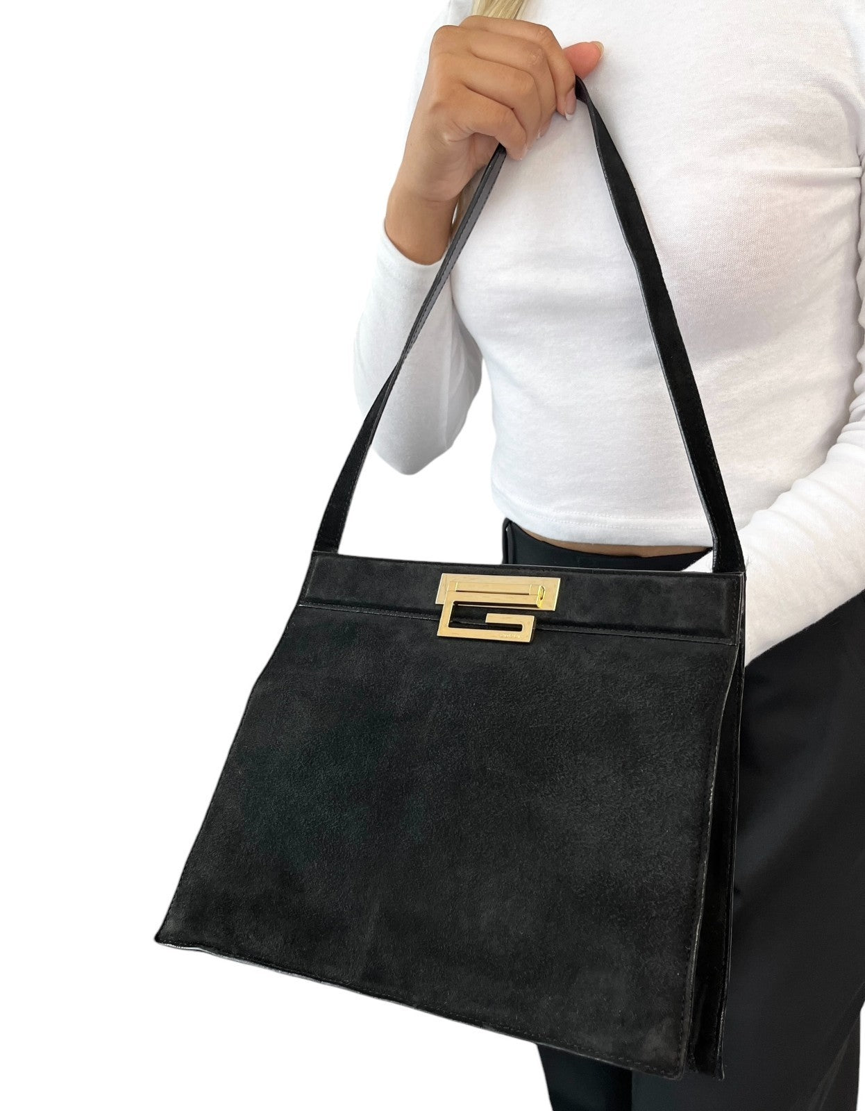 GUCCI Vintage G Square Logo Shoulder Bag Handbag Black Gold Suede Leather 902582