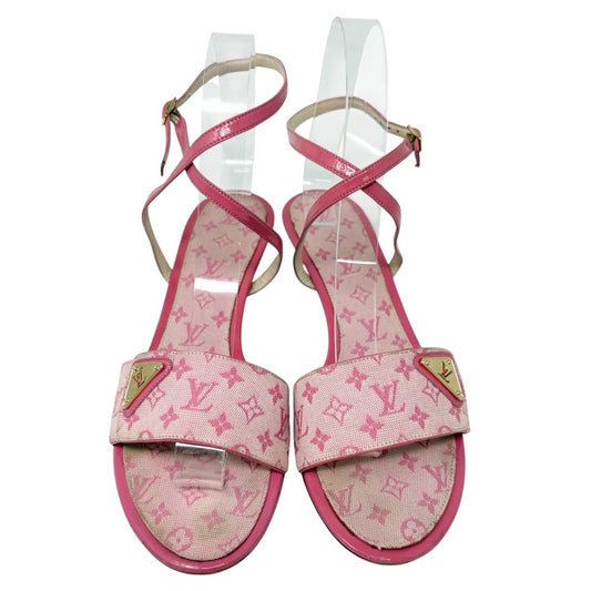 LOUIS VUITTON Vintage LV Logo Monogram Mule Sandals #37 Pink Gold Canvas