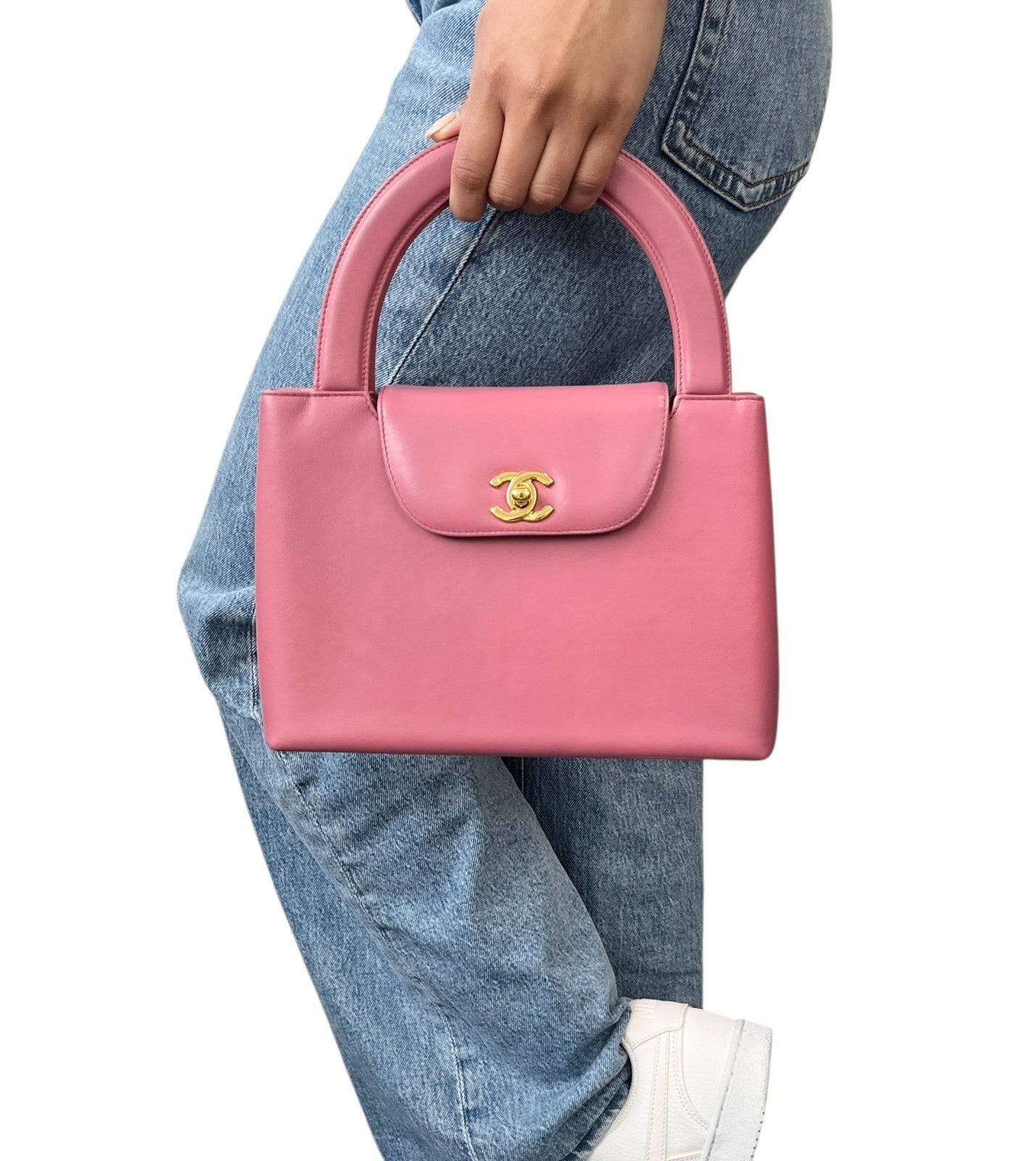 CHANEL Vintage CC Logo Turnlock Top Handle Flap Bag Pink Gold Leather Handbag