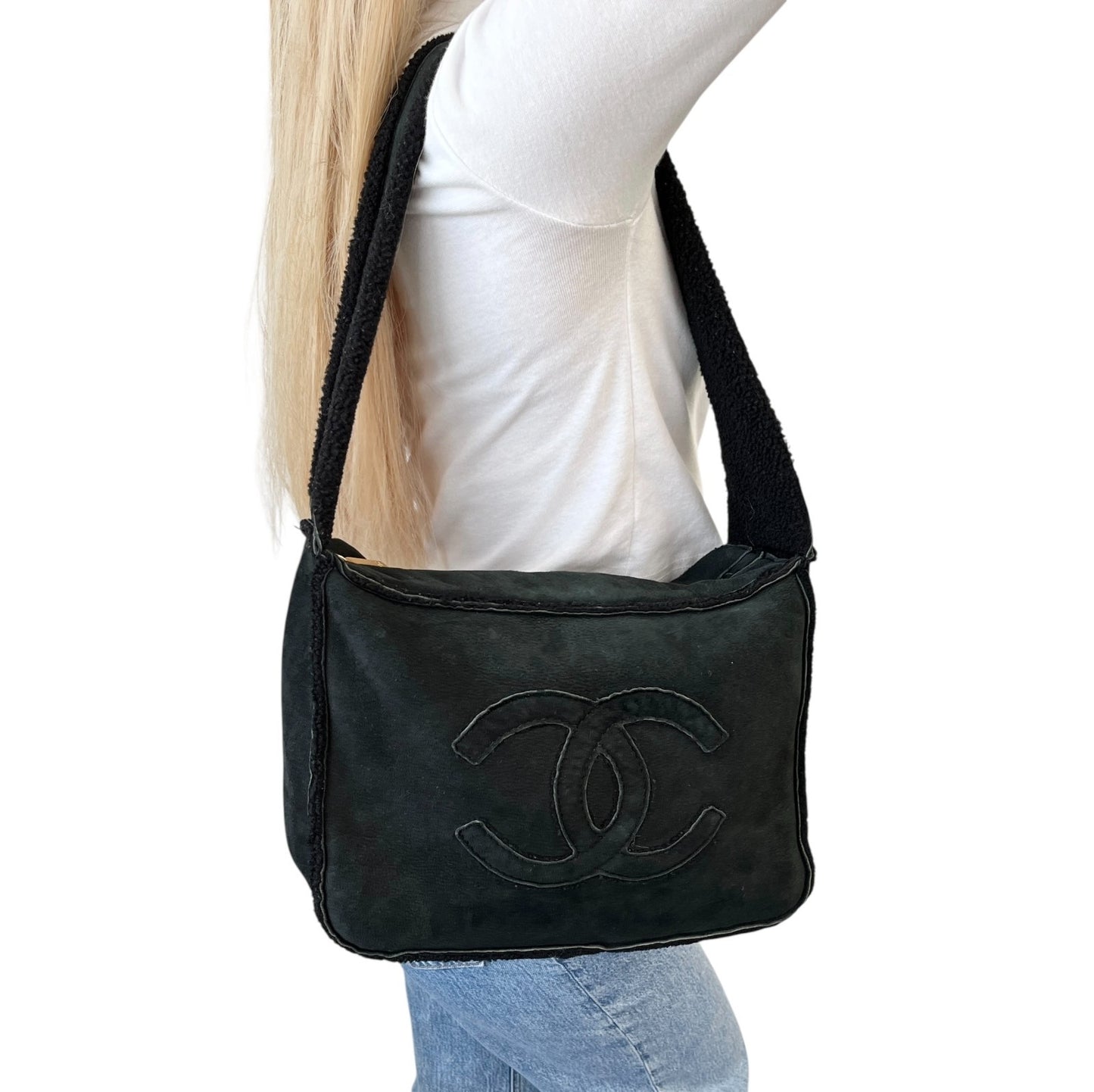 CHANEL Vintage Big CC Shearling Leather One Shoulder Bag Black Mouton Boa