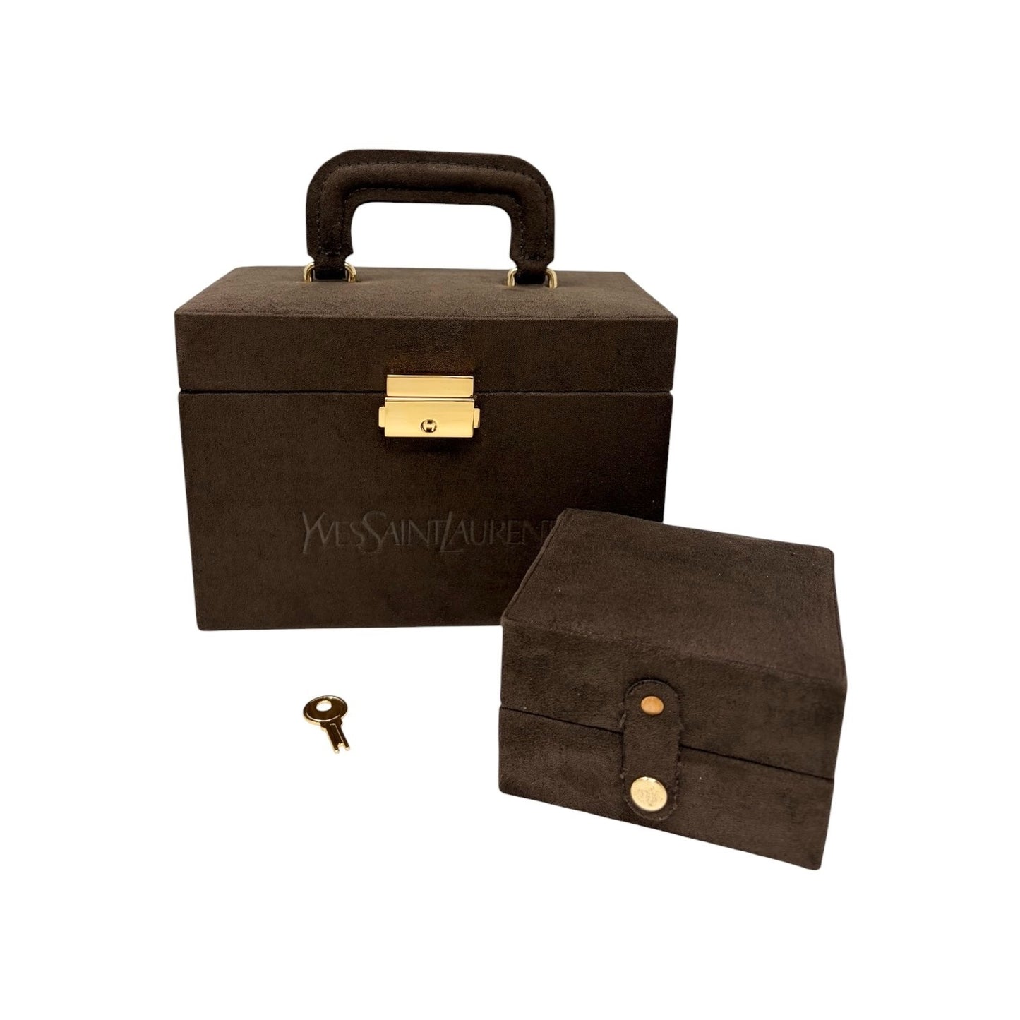 Yves Saint Laurent Vintage YSL Suede Vanity Cosmetic Box Bag Brown Gold 901833
