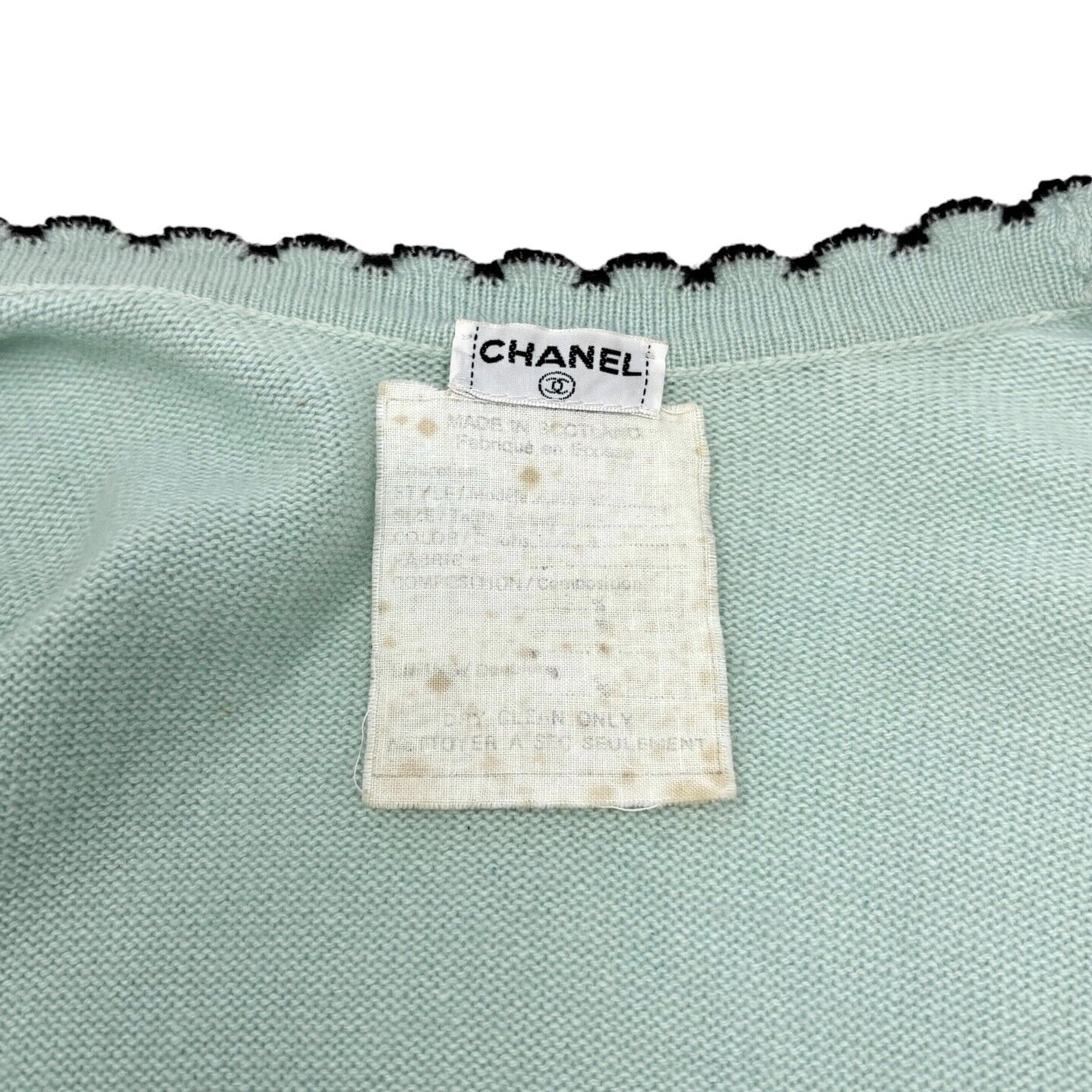 CHANEL Vintage 94C CC Logo Trimmed Cardigan Knit Top Light Green Cashmere