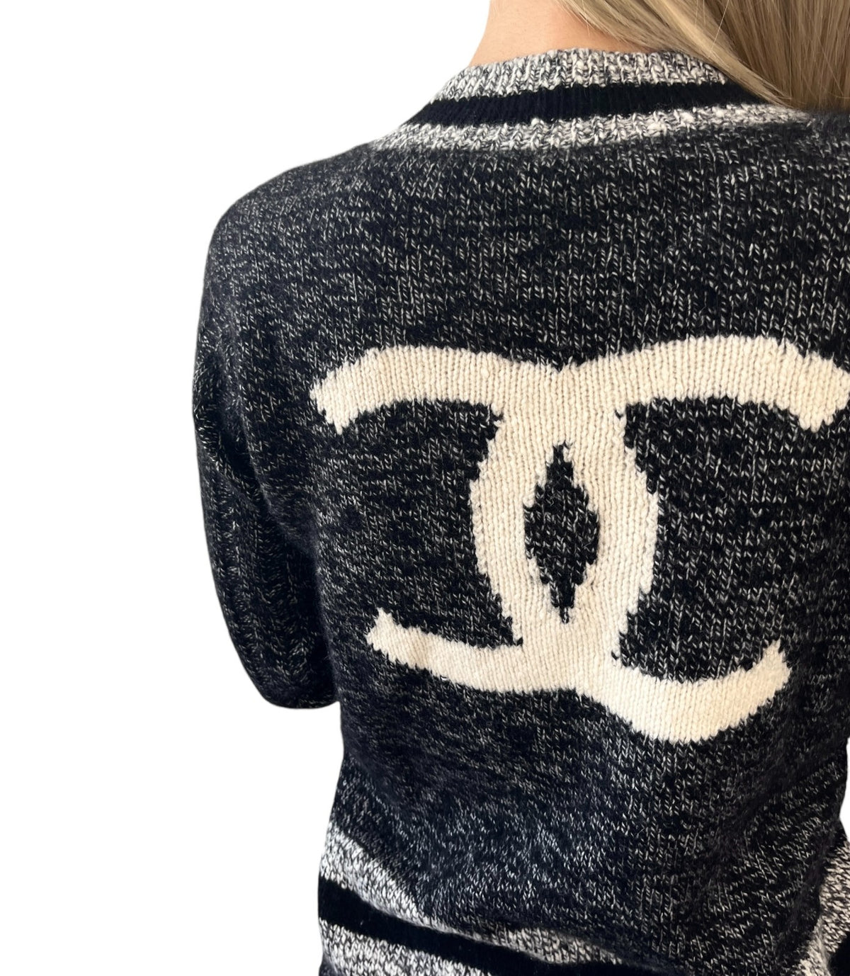 CHANEL Vintage 96A Big CC Logo Knit Cashmere Sweater Top #42 Gray Black 902394