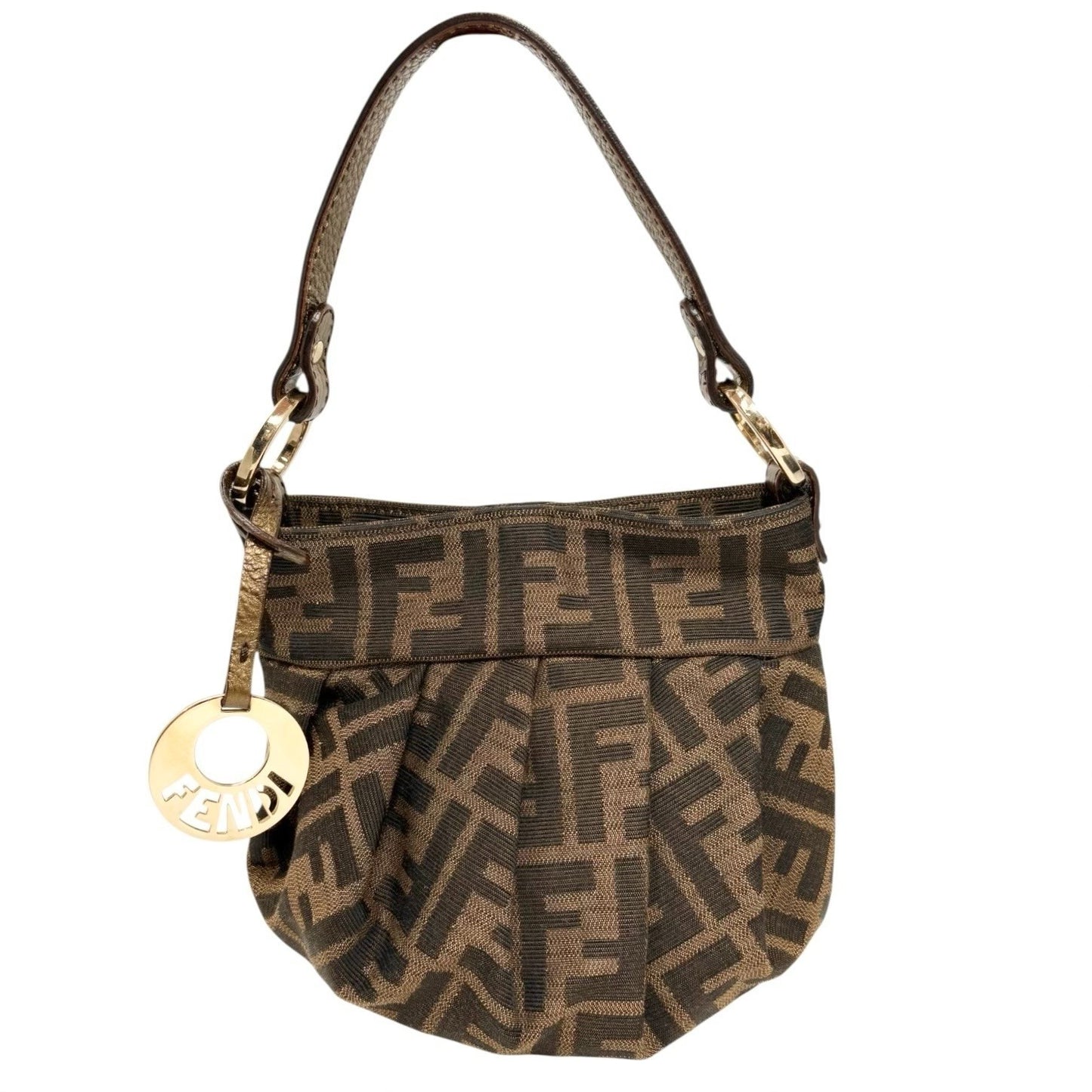 FENDI Vintage FF Logo Charm Zucca Canvas Mini Chef Hobo Tote Bag Brown Black