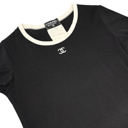CHANEL Vintage 95C CC Logo Knit Mini Dress Short Sleeve #36 Black White 901285
