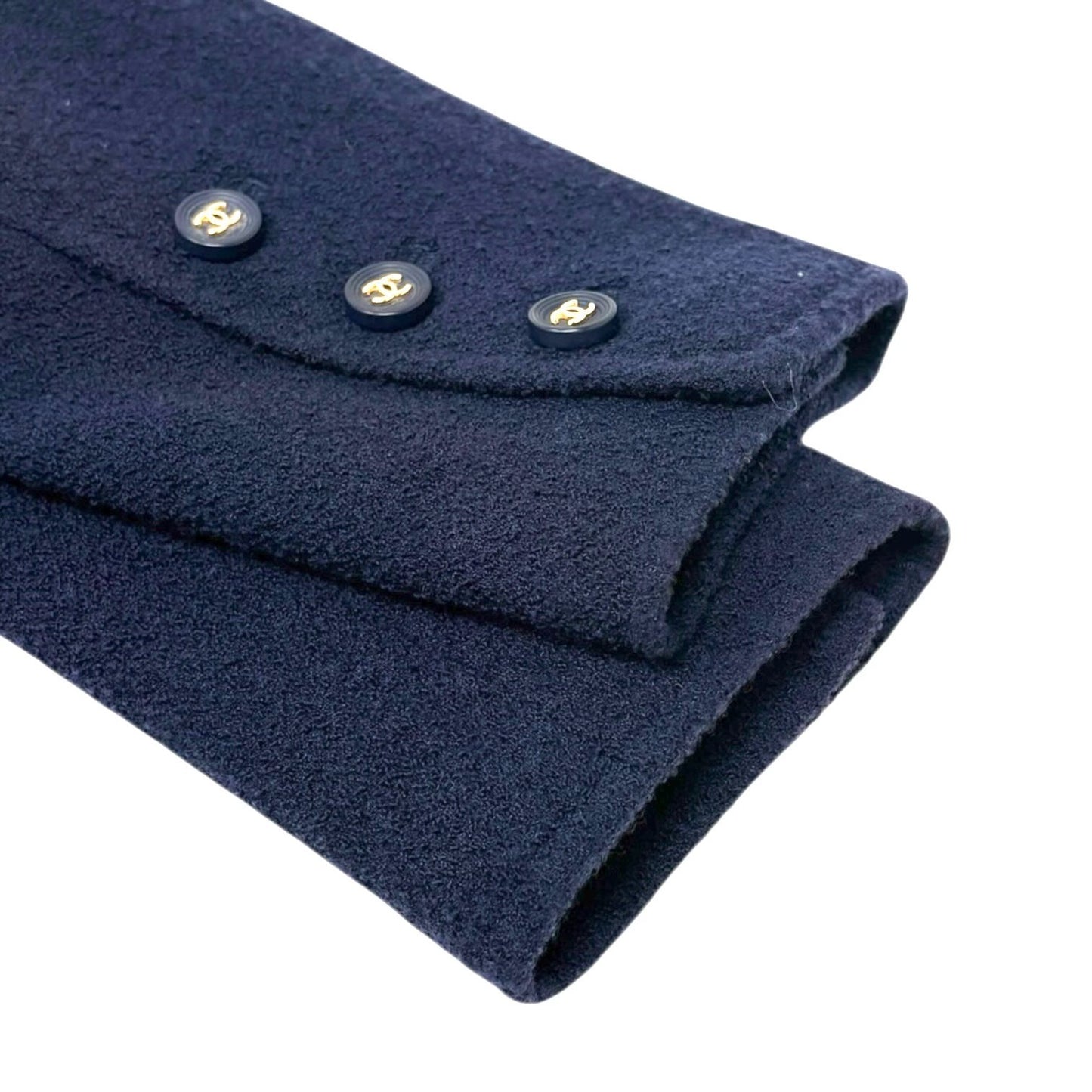 CHANEL Vintage 95A CC Logo Gold Button Collarless Jacket #36 Dark Blue Wool