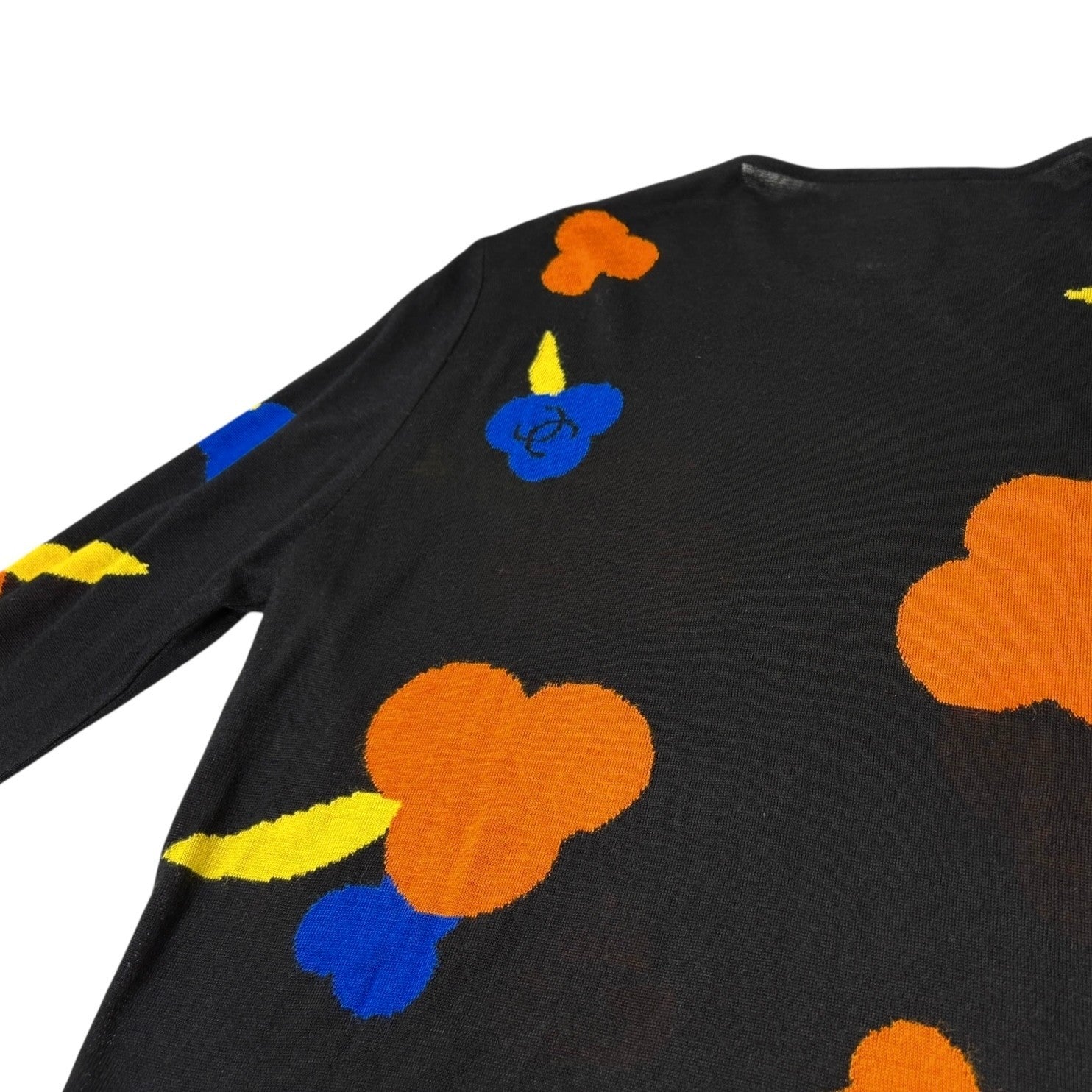 CHANEL Vintage 00T CC Camelia Logo Knit Sweater #42 Black Orange Blue Viscose