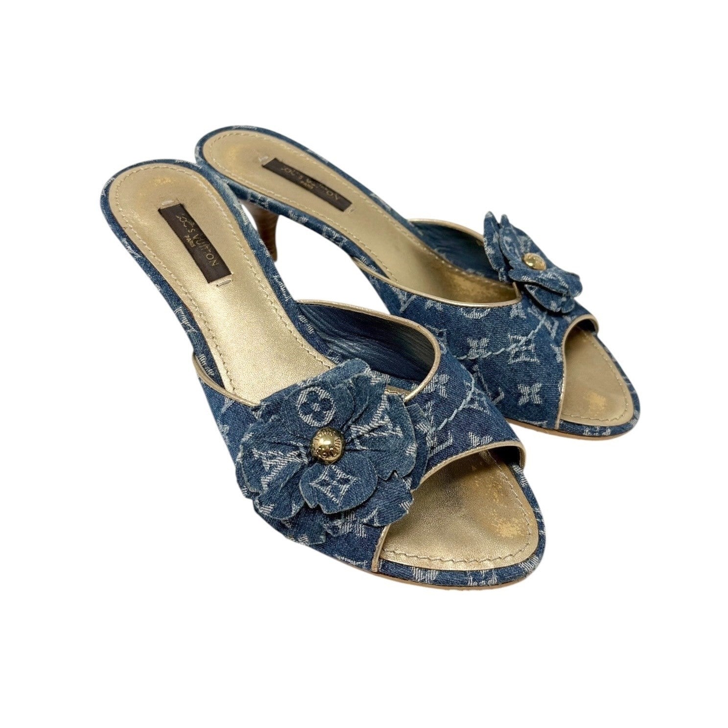 LOUIS VUITTON Vintage LV Monogram Denim Flower Heels Sandals #37 Blue Gold