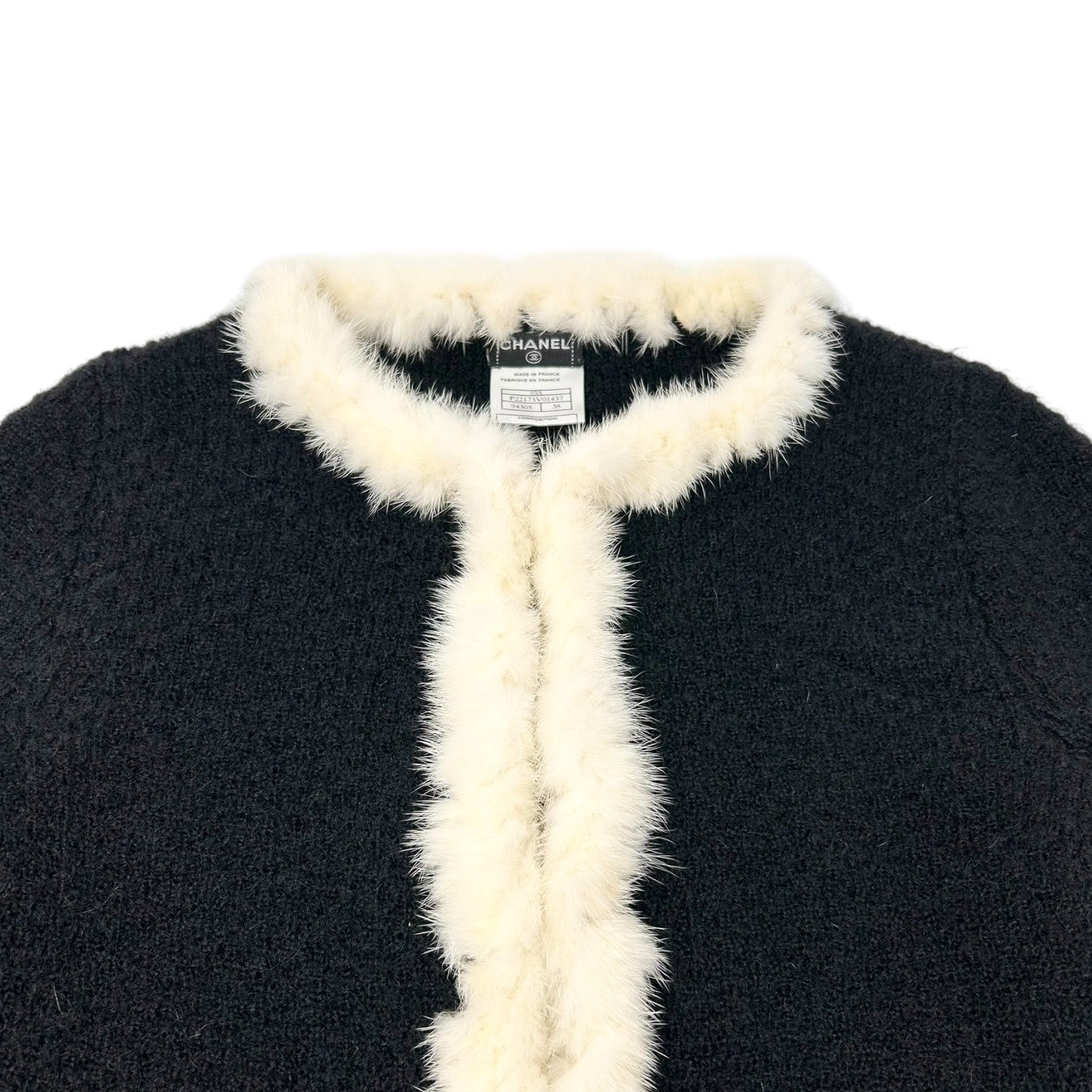 CHANEL Vintage 03A CC Logo Button Trim Fur Knit Jacket #38 Black White Mohair