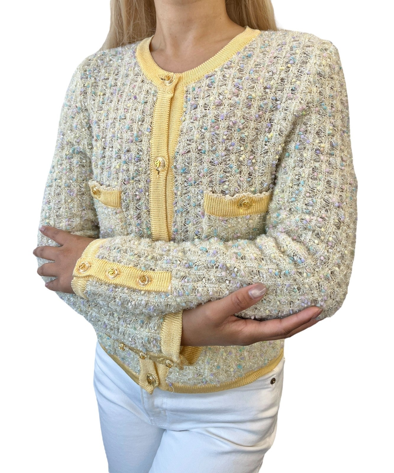 CHANEL Vintage 97P CC Mark Logo Tweed Cardigan #38 Sweater Yellow Nylon