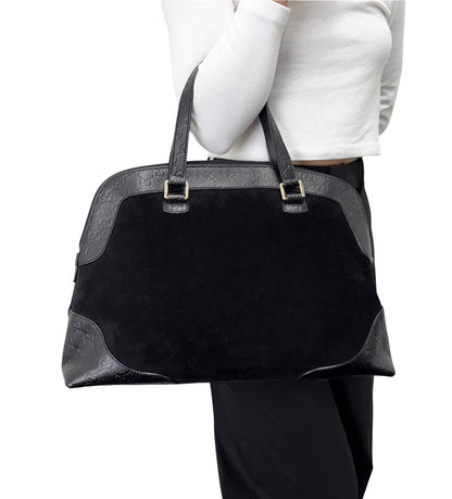 GUCCI Vintage GG Monogram Shoulder Top Handle Bag Black Gold Suede 902331