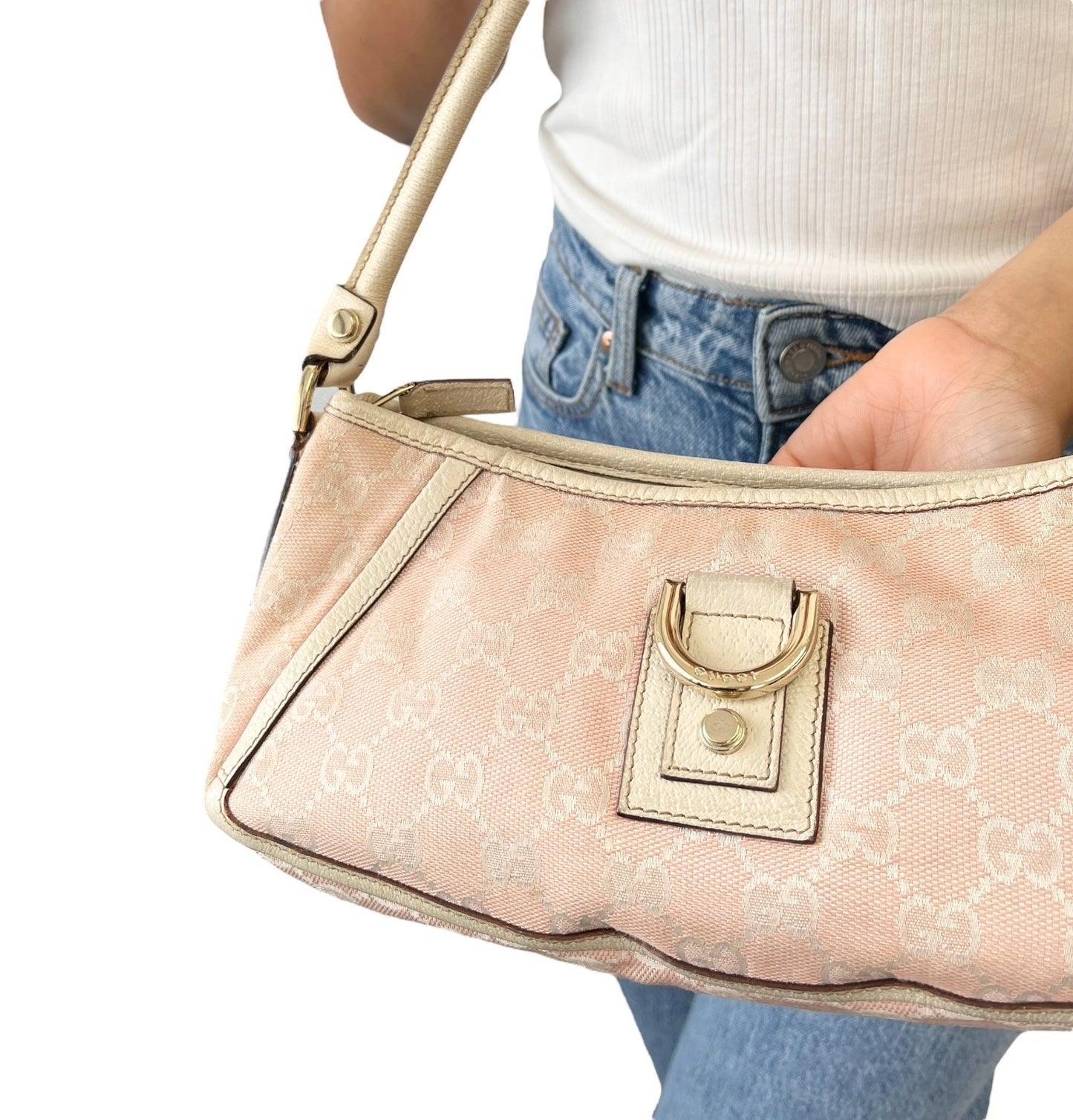 GUCCI Vintage GG Monogram Abbey Shoulder Bag Pochette Pink White Canvas 901804