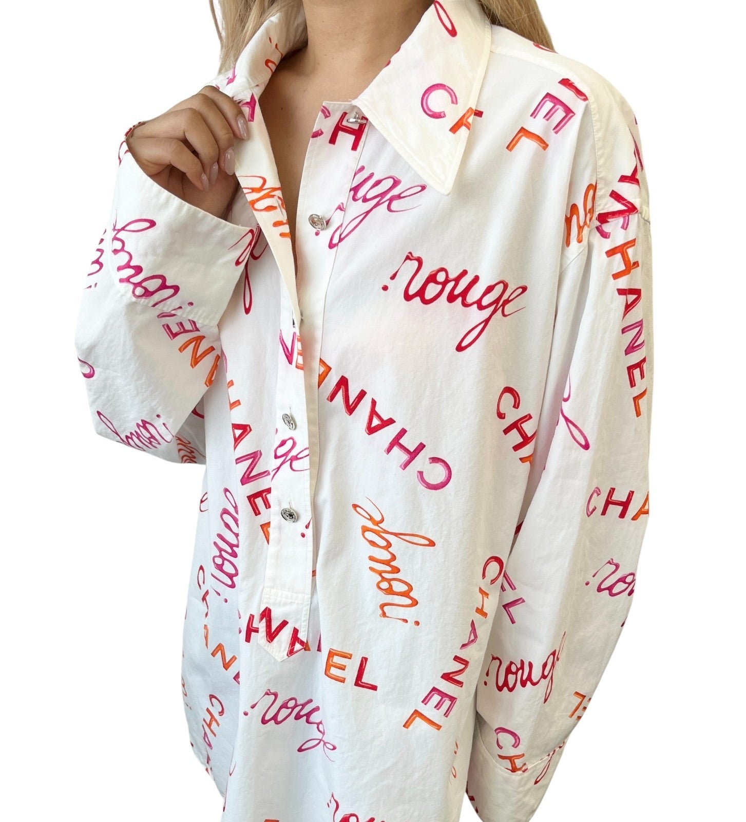 CHANEL Vintage 96P Logo Button Up Shirt Rouge Long Sleeve White Pink Cotton