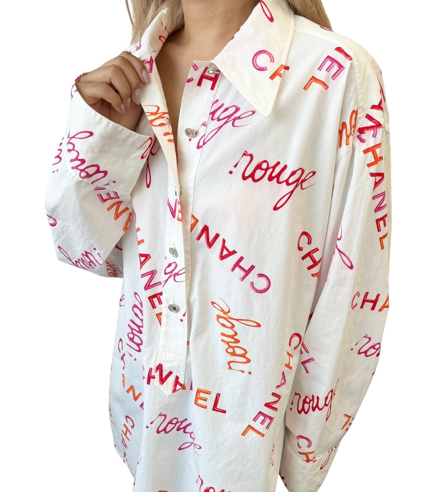 CHANEL Vintage 96P Logo Button Up Shirt Rouge Long Sleeve White Pink Cotton