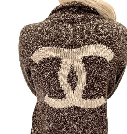 CHANEL Vintage CC Logo Cashmere Knit Zip Sweater Top Brown Beige 902479