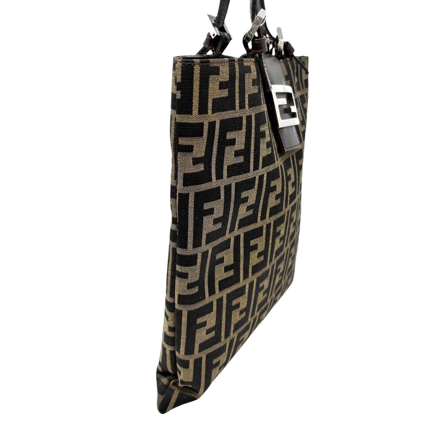 FENDI Vintage Zucca Logo Monogram Canvas Tote Shoulder Bag Leather Brown Silver