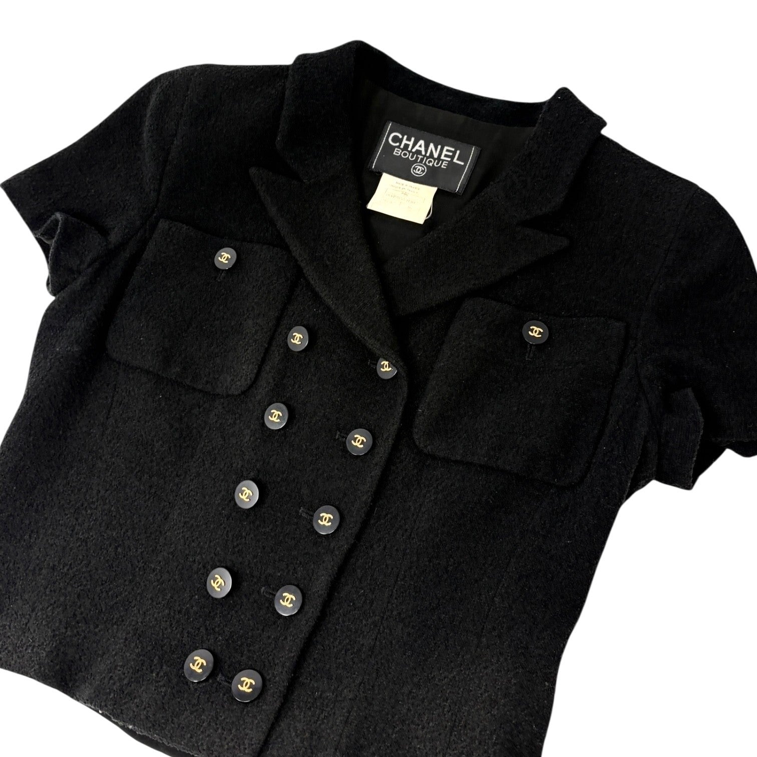 CHANEL Vintage 95P CC Mark Logo Cropped Jacket #36 Button Black Gold Wool