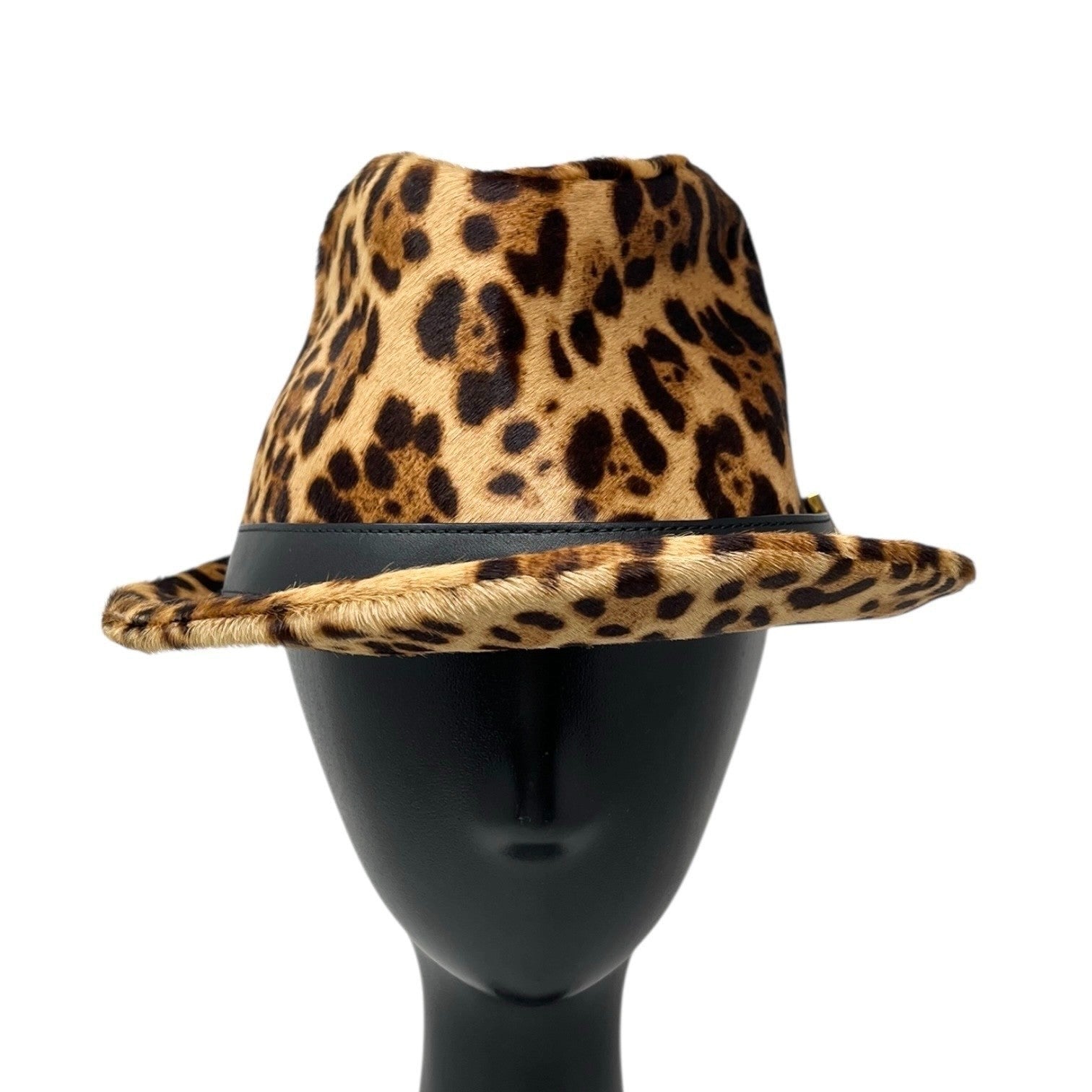 GUCCI Vintage Logo Leopard Pony Calf Hair Hat #M Beige Brown Cotton Belt