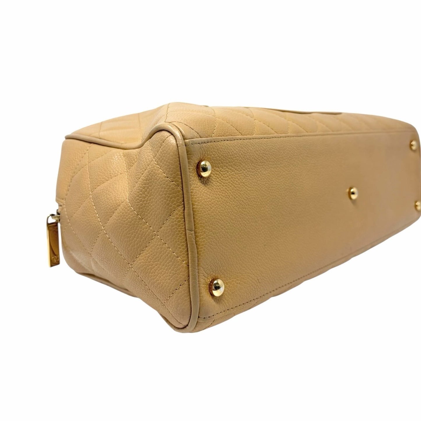 CHANEL Vintage Big CC Logo Quilted Leather Boston Bowling Bag Beige Gold Stitch