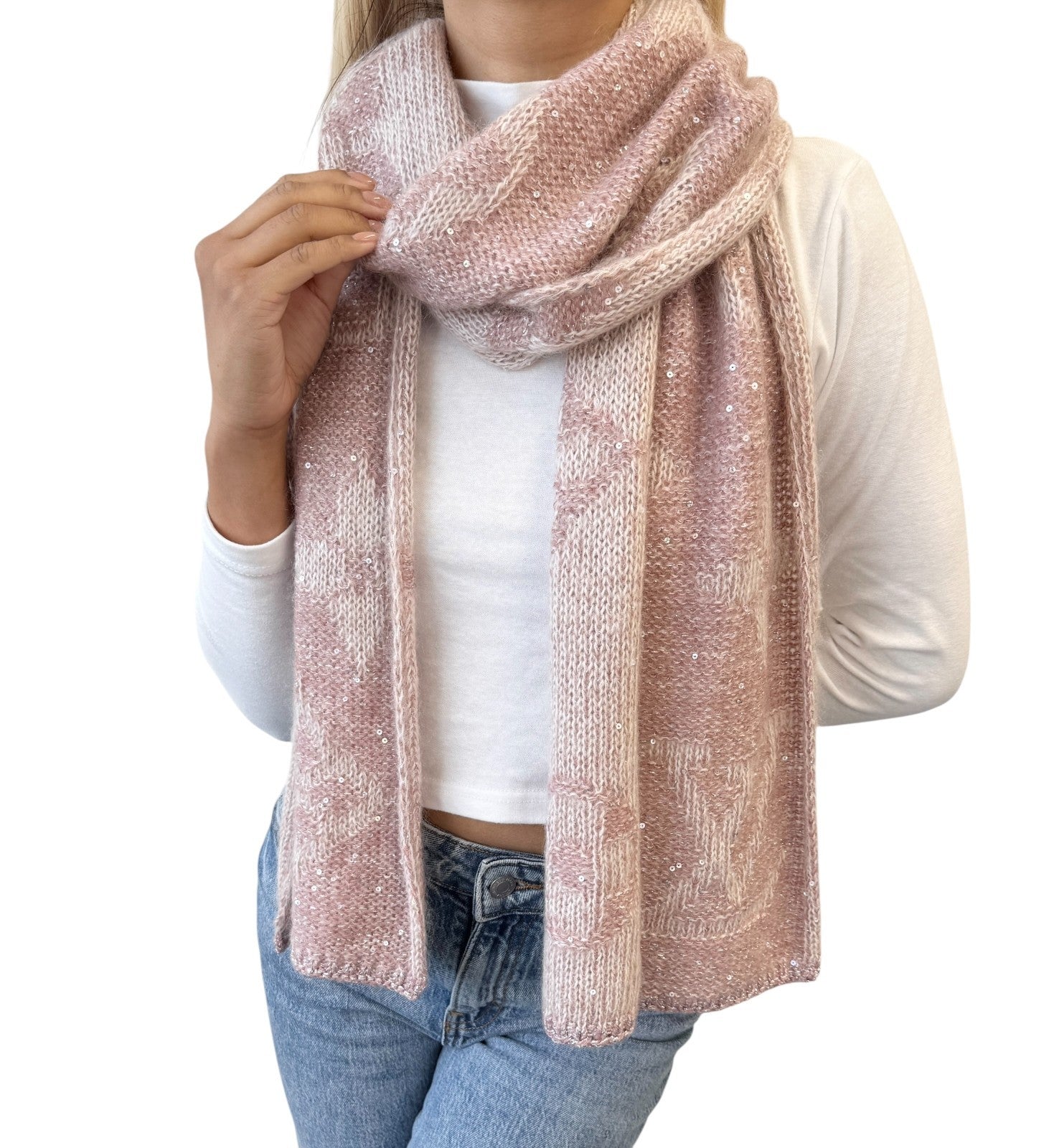 LOUIS VUITTON Vintage Monogram Logo Knit Sequins Scarf Muffler Wrap Pink Mohair