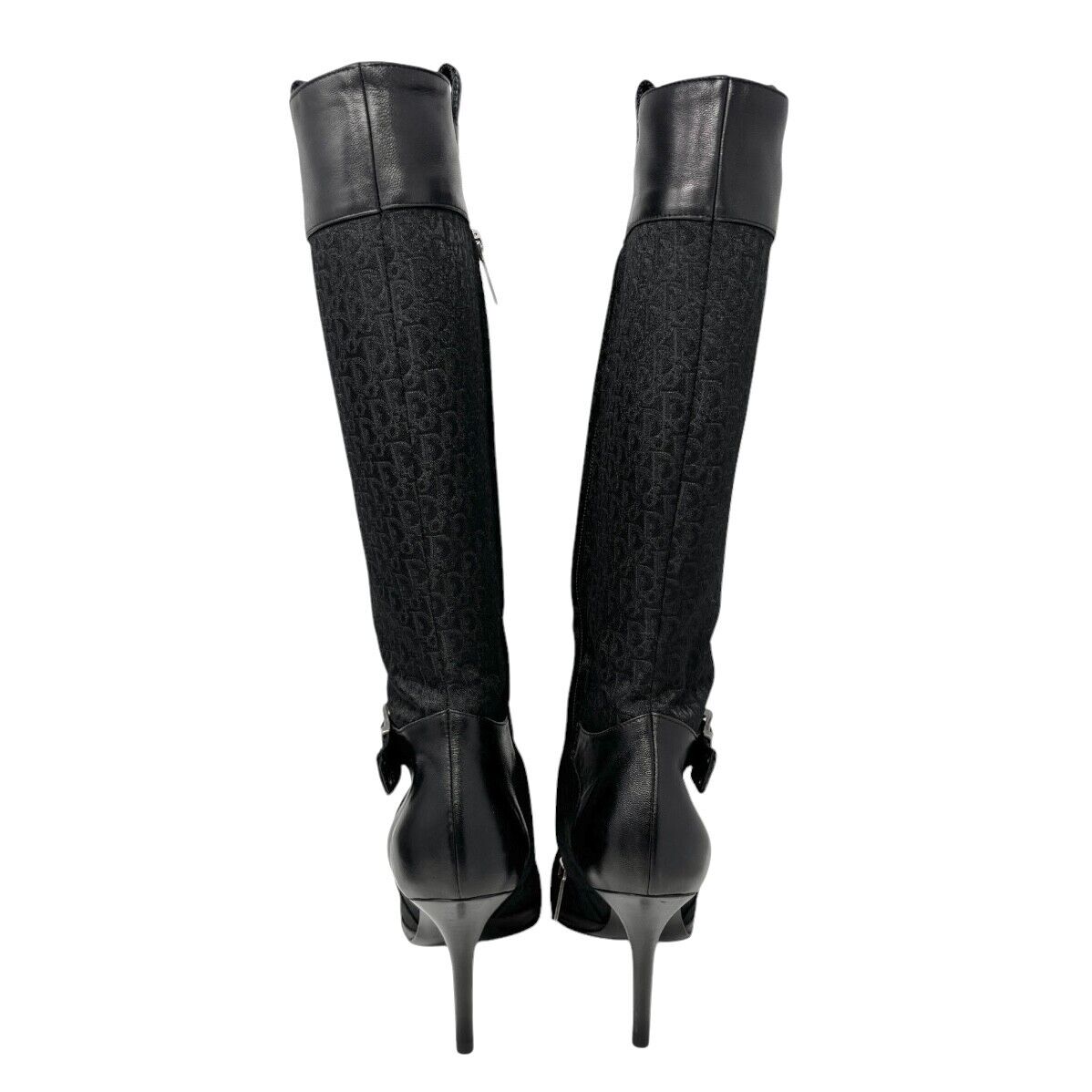 Dior Vintage Trotter Monogram Long Boots Heels #38.5 Black Silver Canvas